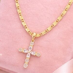 Gold necklace with cross, 20 inch diamond cut, 1 inch cross